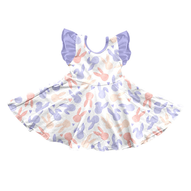 Preorder moq 5 Baby Girls Flutter Sleeve Blue Pink Rabbit Hearts Easter Knee Length Dress
