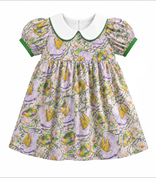 Preorder moq 5 Baby Girls Mardigras Collar Boots Necklaces Short Sleeve Knee Length Dress