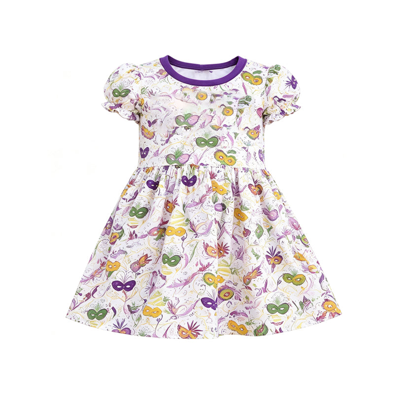 Preorder moq 5 Baby Girls Mardigras Flowers Masks Short Sleeve Knee Length Dress