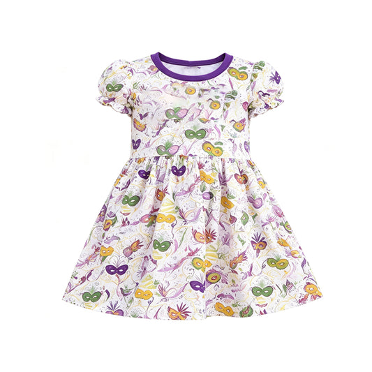 Preorder moq 5 Baby Girls Mardigras Flowers Masks Short Sleeve Knee Length Dress
