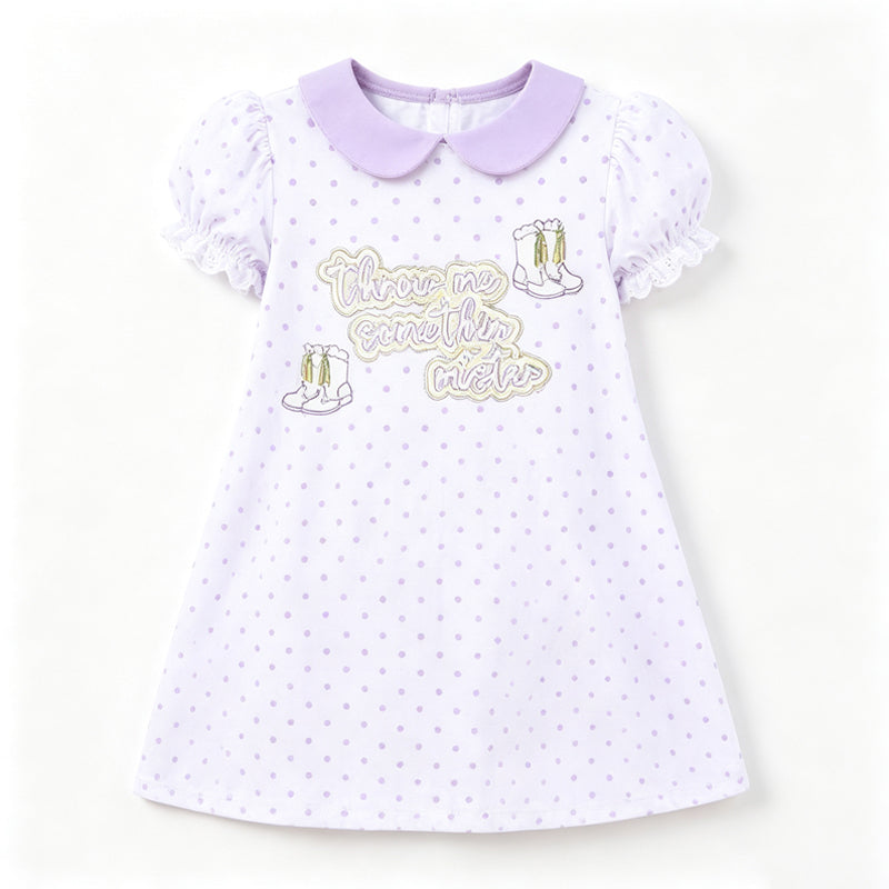 Preorder moq 5 Baby Girls Mardigras Collar Polka Dots Boots Short Sleeve Knee Length Dress