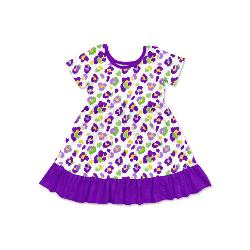 Baby Girls Short Sleeve Mardigras Leopard Ruffle Knee Length Dress