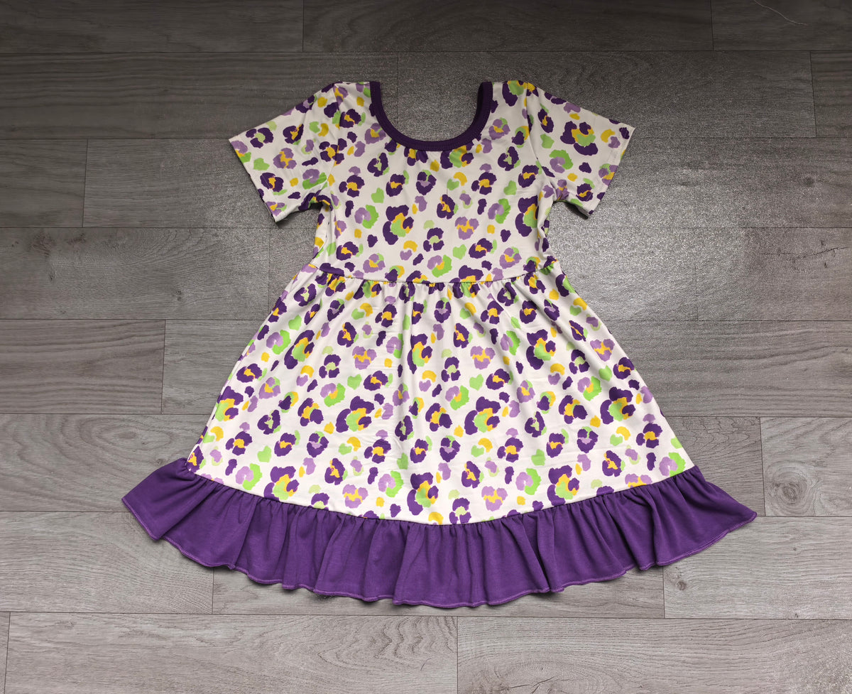 Baby Girls Short Sleeve Mardigras Leopard Ruffle Knee Length Dress