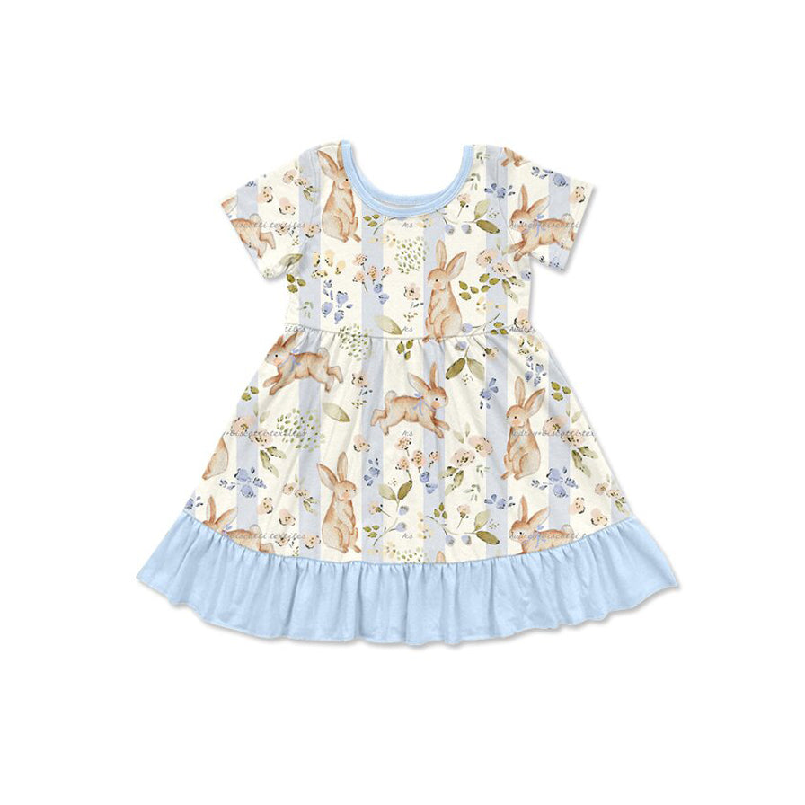 Preorder moq 5 Baby Girls Easter Rabbits Short Sleeve Ruffle Knee Length Dresses