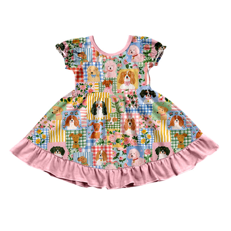 Preorder moq 5 Baby Girls Flowers Dogs Flutter Sleeve Ruffle Knee Length Dress