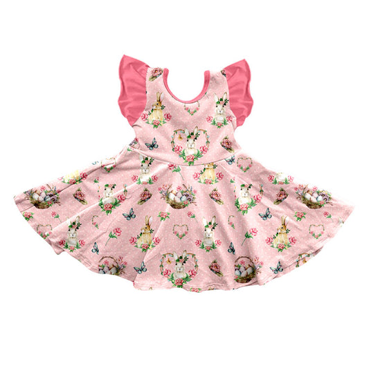 Baby Girls Flowers Rabbits Flutter Sleeve Easter Knee Length Dress Preorder