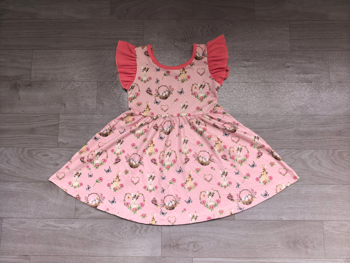 Baby Girls Flowers Rabbits Flutter Sleeve Easter Knee Length Dress Preorder