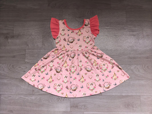Baby Girls Flowers Rabbits Flutter Sleeve Easter Knee Length Dress Preorder