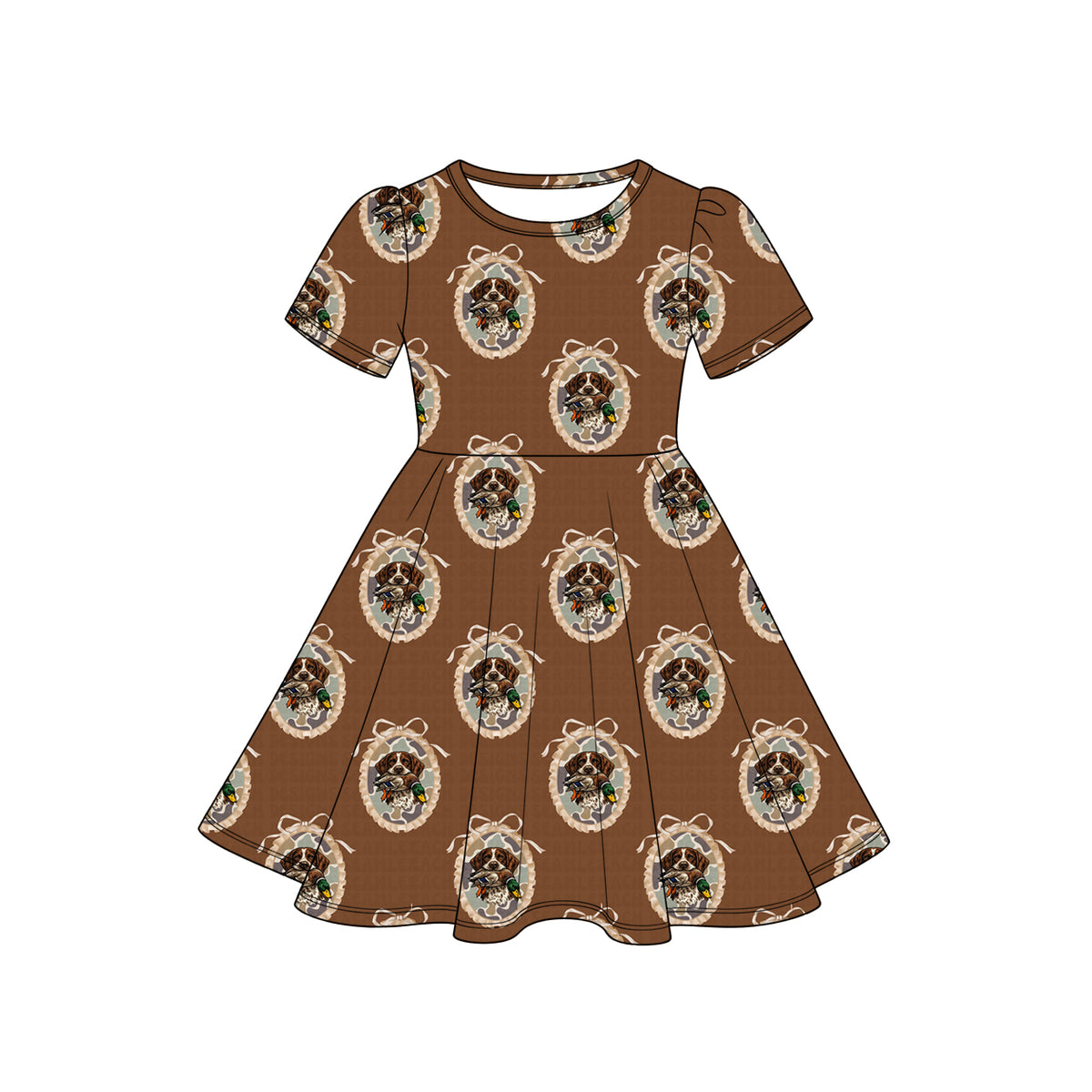 Preorder moq 5 Baby Girls Brown Camo Bows Dogs Ducks Hunting Knee Length Dress