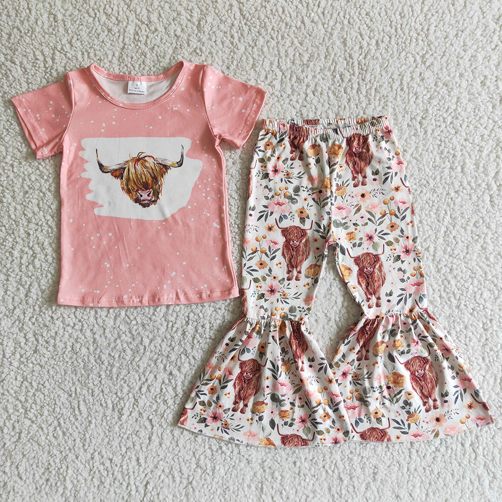 Sibling Baby Girls Western Highland Cow Pink Sister Clothes Sets