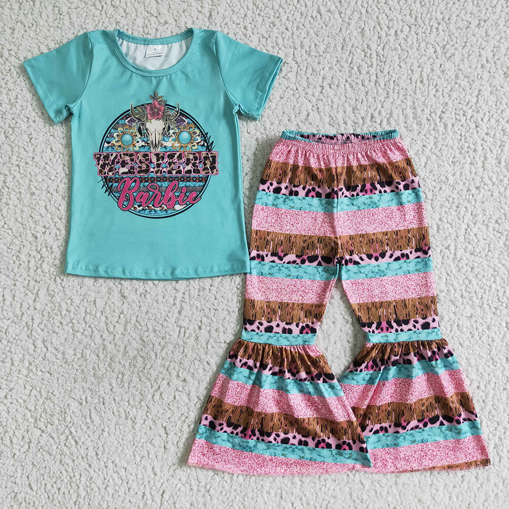 Sibling Baby Girls Doll Short Sleeve Shirts Bell-Bottom Pants Clothes Sets