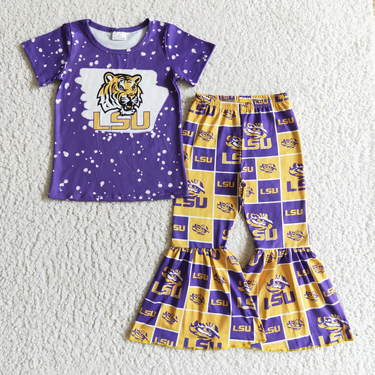 Sibling Mama and Me Kids Bows LSU Tigers Team Clothes Sets Polo Shirt Yoga Active Butterfly Shorts