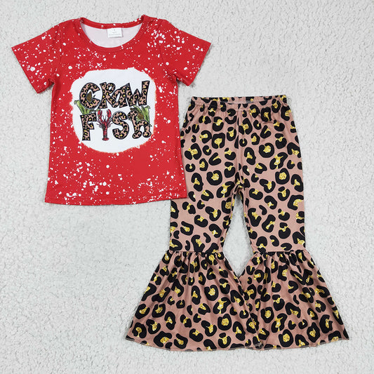 Sibling Baby Girls Crawfish Leopard Rompers Bell Bottoms Clothes Sets