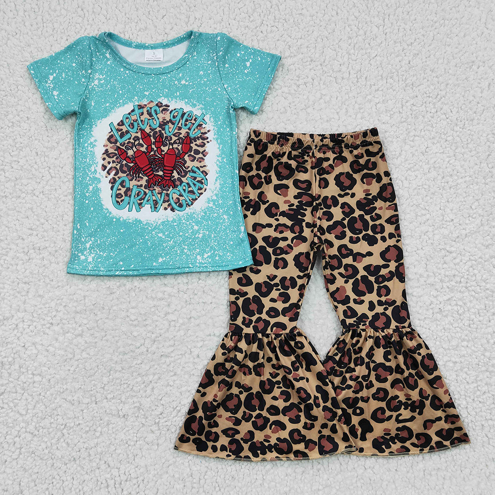 Sibling Baby Girls Crawfish Leopard Rompers Bell Bottoms Clothes Sets