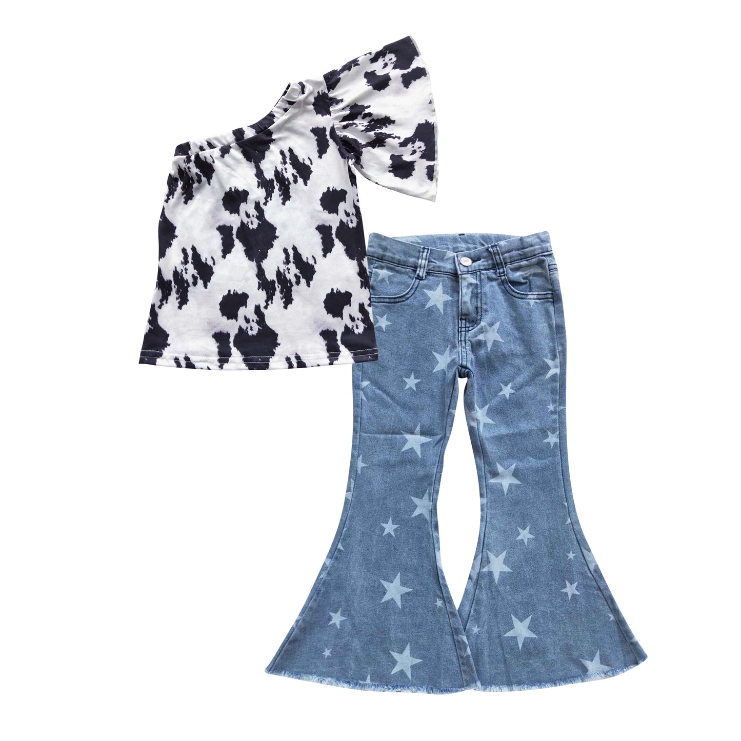 Baby Girls Cow Shirts Stars Denim Pants Kids Clothes Sets