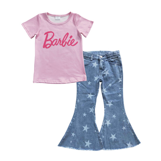 Baby Girls Pink Shirts Stars Denim Pants Kids Clothes Sets