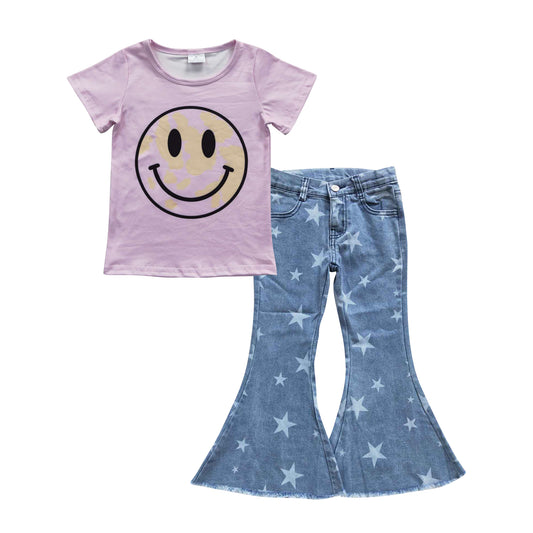 Baby Girls Smile Purple Shirts Stars Denim Pants Kids Clothes Sets