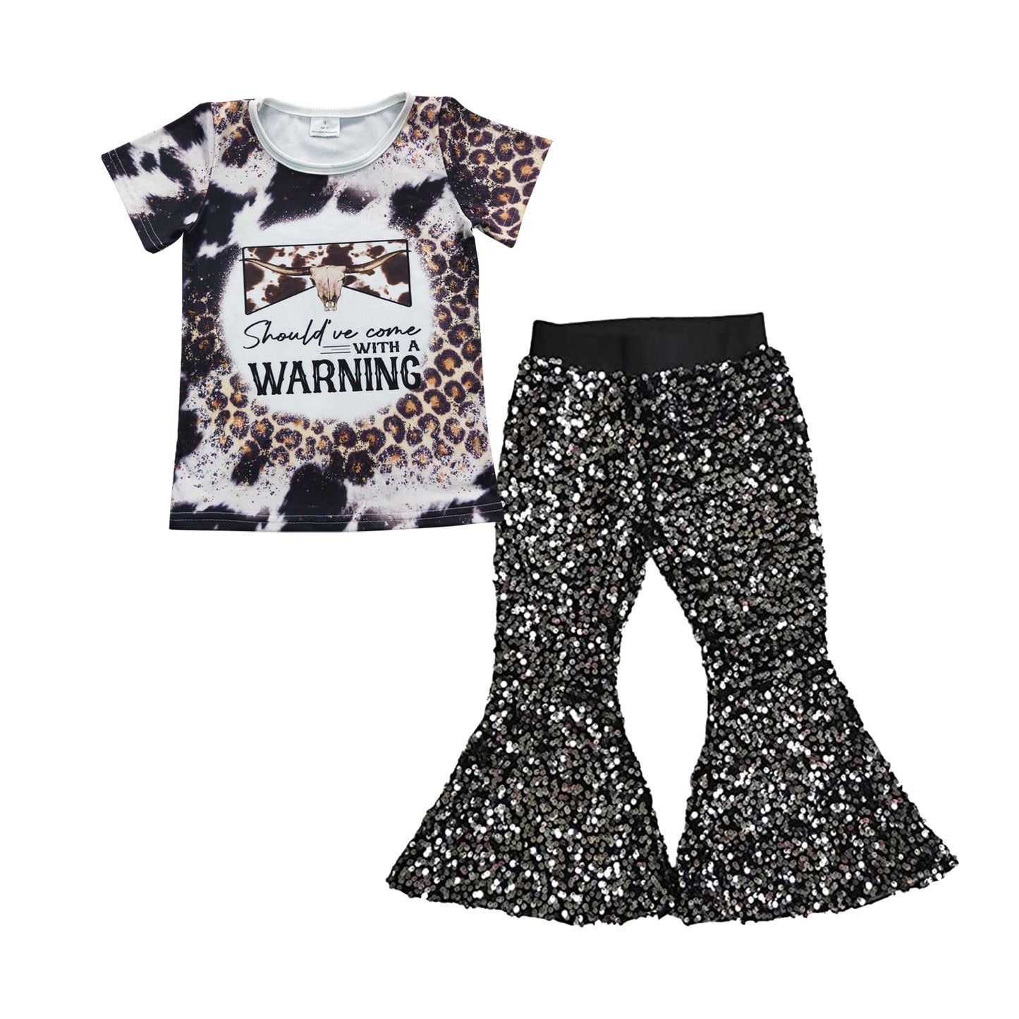 Baby Girl Cow Skull Shirt Black Sequin Pants clothes sets