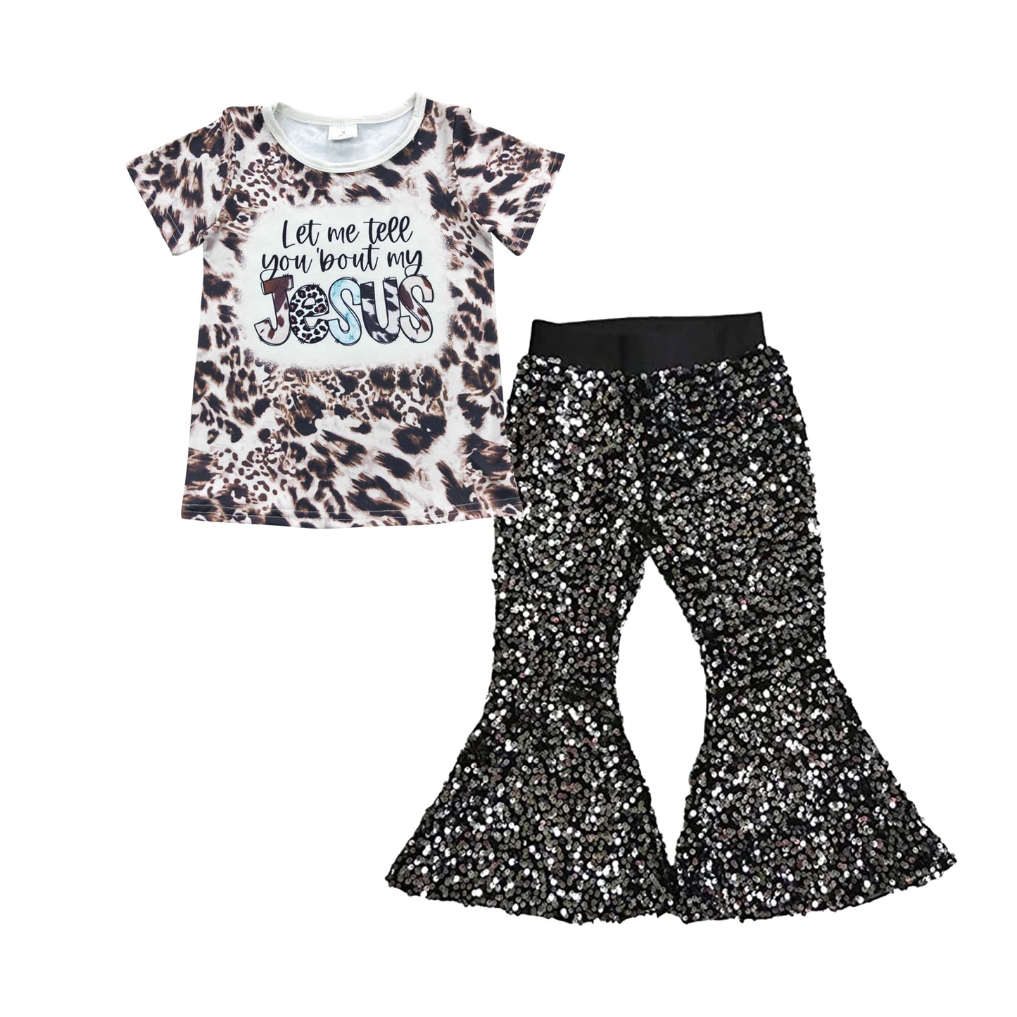 Baby Girl Jesus Shirt Black Sequin Pants clothes sets