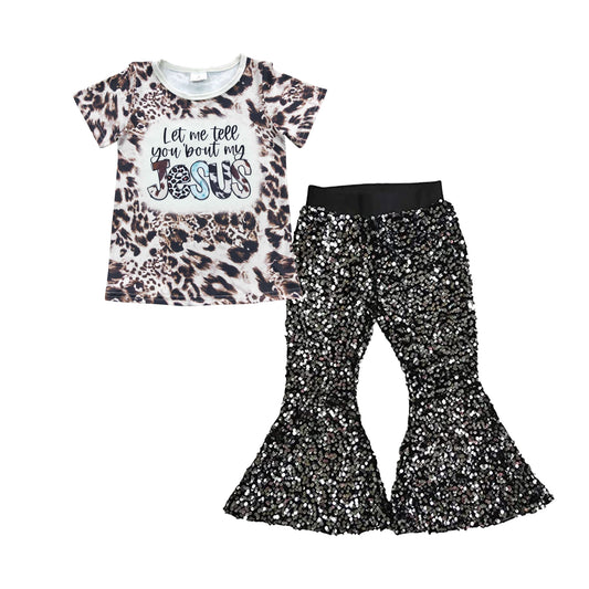 Baby Girl Jesus Shirt Black Sequin Pants clothes sets