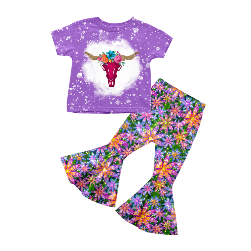 Baby Girls Cow Purple Flowers Bell Pants Clothes Sets preorder