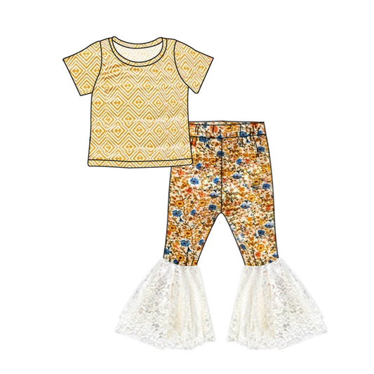 Baby Girls Short Sleeve Golden Tee Shirt Lace Ruffle Bell Pants Clothes Sets preorder