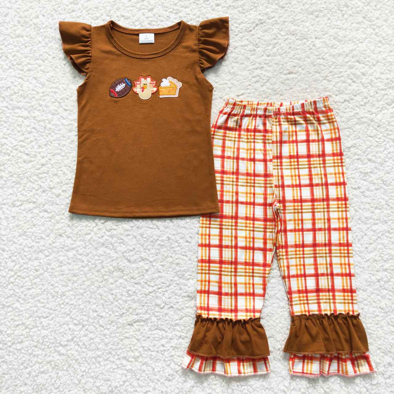 Sibling Baby Boys Girls Embroidery Turkey Footballs Pie Thanksgiving Clothes Sets Rompers