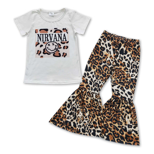 Baby Girls White Smile Top Leopard Bell Pants Clothes Sets