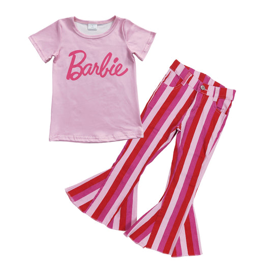 Baby Girls Doll Pink Shirt Top Stripes Denim Pants clothes sets