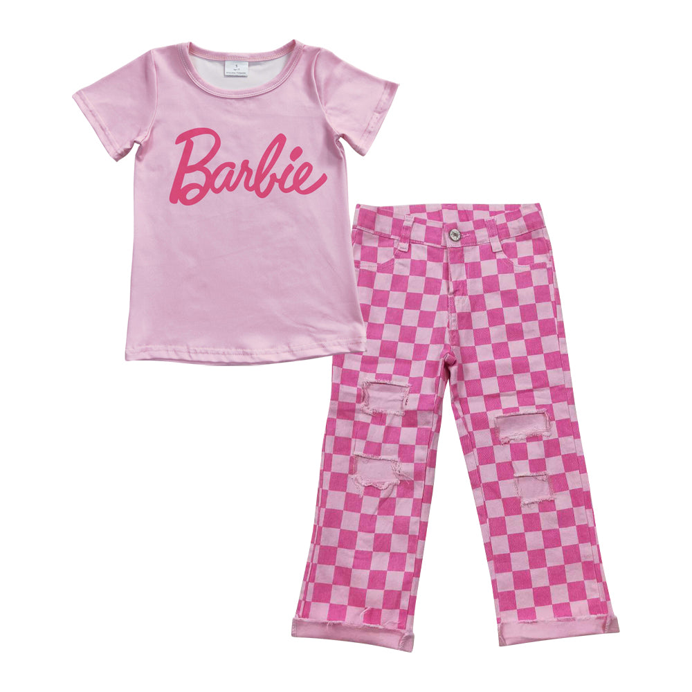 Baby Girls Doll Pink Shirt Top Checkered Denim Pants clothes sets