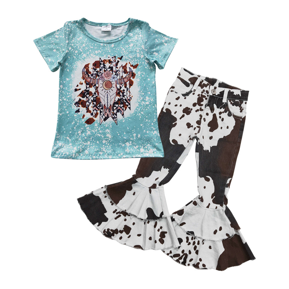 Baby Girls Cow Blue Aztec Shirt Top Cowhide Denim Pants clothes sets