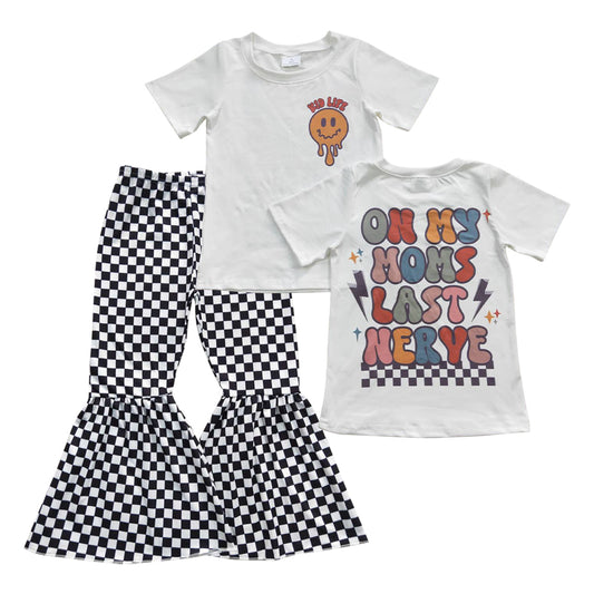 Baby Girls Kids Smile Face Tee Shirt Black Checkered Bell Pants Clothes Sets