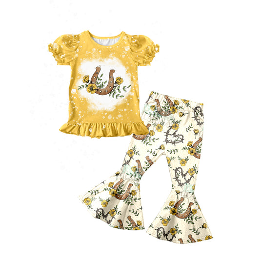 Baby Girls Western Horse Shoes Flowers Top Bell Pants 2pcs Clothes Sets preorder