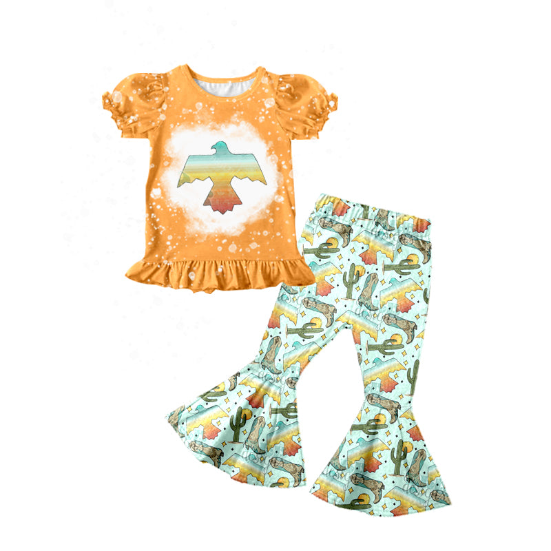 Baby Girls Western Bird Orange Top Bell Pants 2pcs Clothes Sets preorder