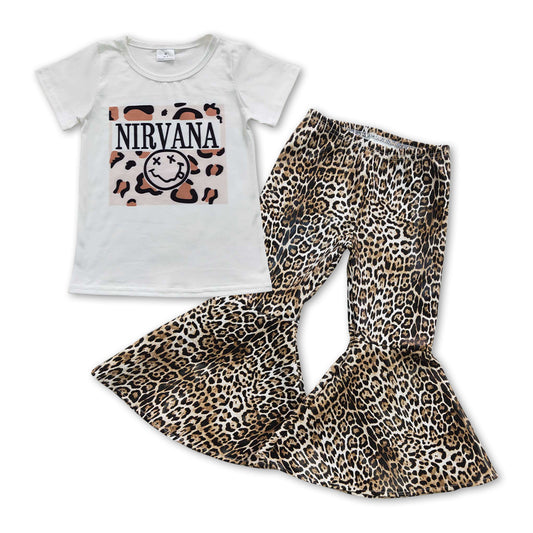 Baby Girls Smile White Top Leopard Pleather Bell Pants clothes sets