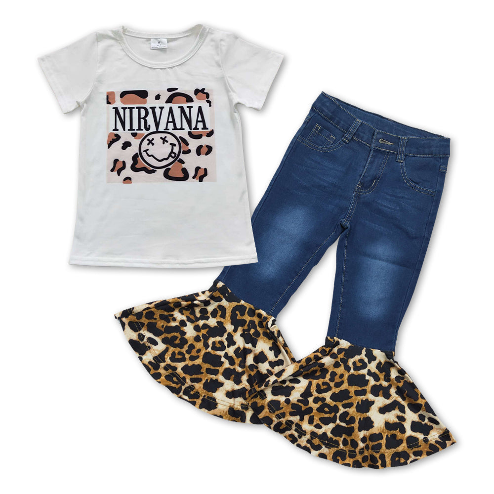 Baby Girls Leopard White Top Navy Denim Pants clothes sets