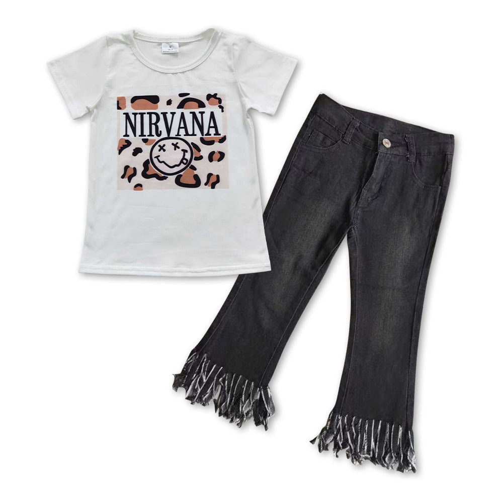 Baby Girls Leopard White Top Black Fringe Denim Pants clothes sets