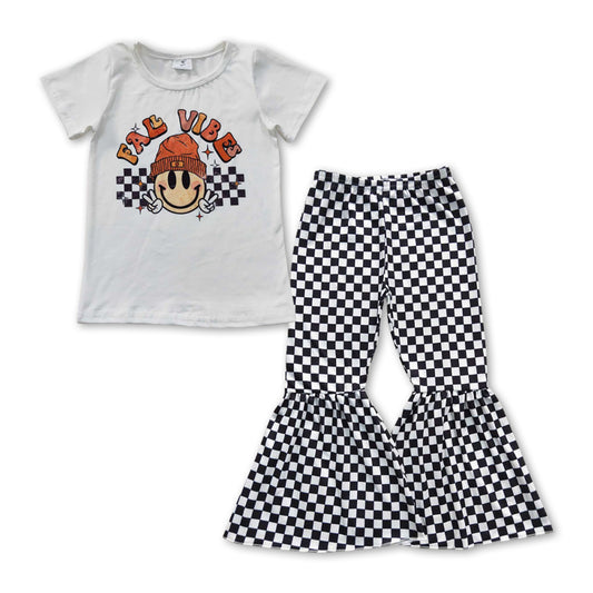 Baby Girls White Fall Top Black Checkered Bell Pants Clothes Sets