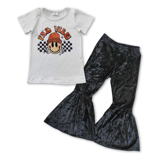 Baby Girls White Fall Top Black Velvet Bell Pants Clothes Sets