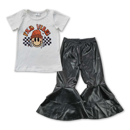 Baby Girls Fall White Top Black Pleather Bell Pants clothes sets