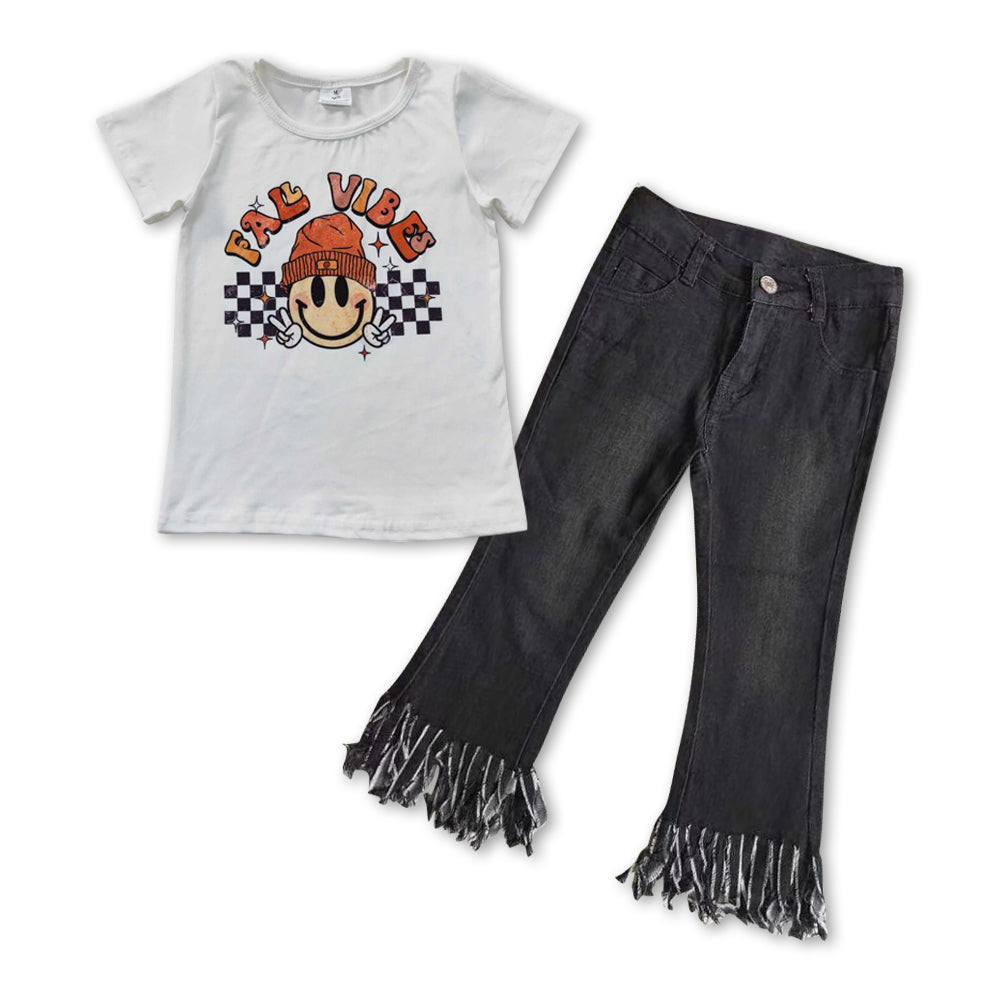 Baby Girls Fall White Top Black Fringe Denim Pants clothes sets