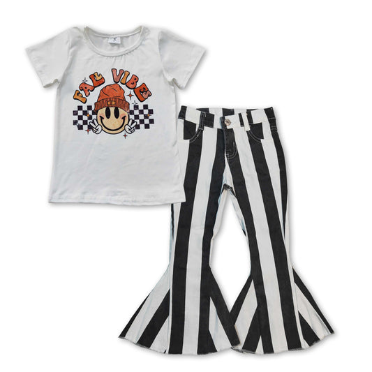 Baby Girls Fall White Top Black Striped Bell Denim Pants clothes sets