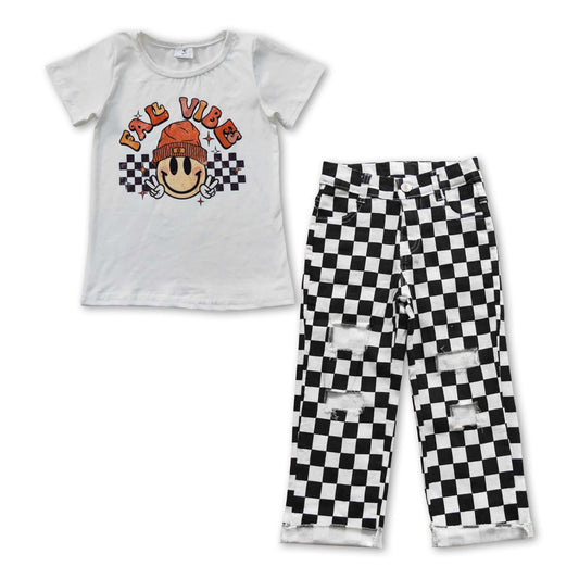 Baby Girls Boys Fall White Top Black Checkered Denim Pants clothes sets