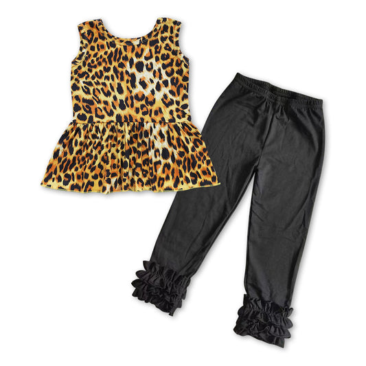 Baby Girls Leopard Top Black Icing Ruffle Legging Pants Clothes Sets