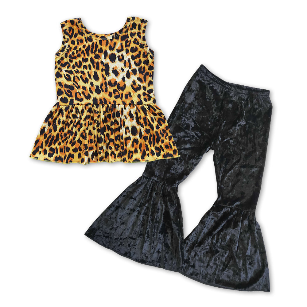 Baby Girls Leopard Top Black Velvet Bell Pants Clothes Sets