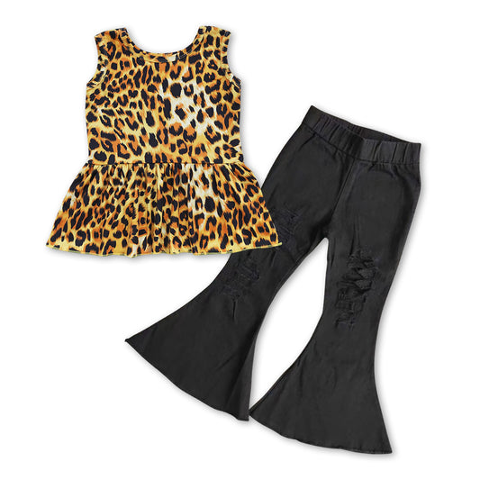 Baby Girls Leopard Top Black Bell Denim Pants Clothes Sets