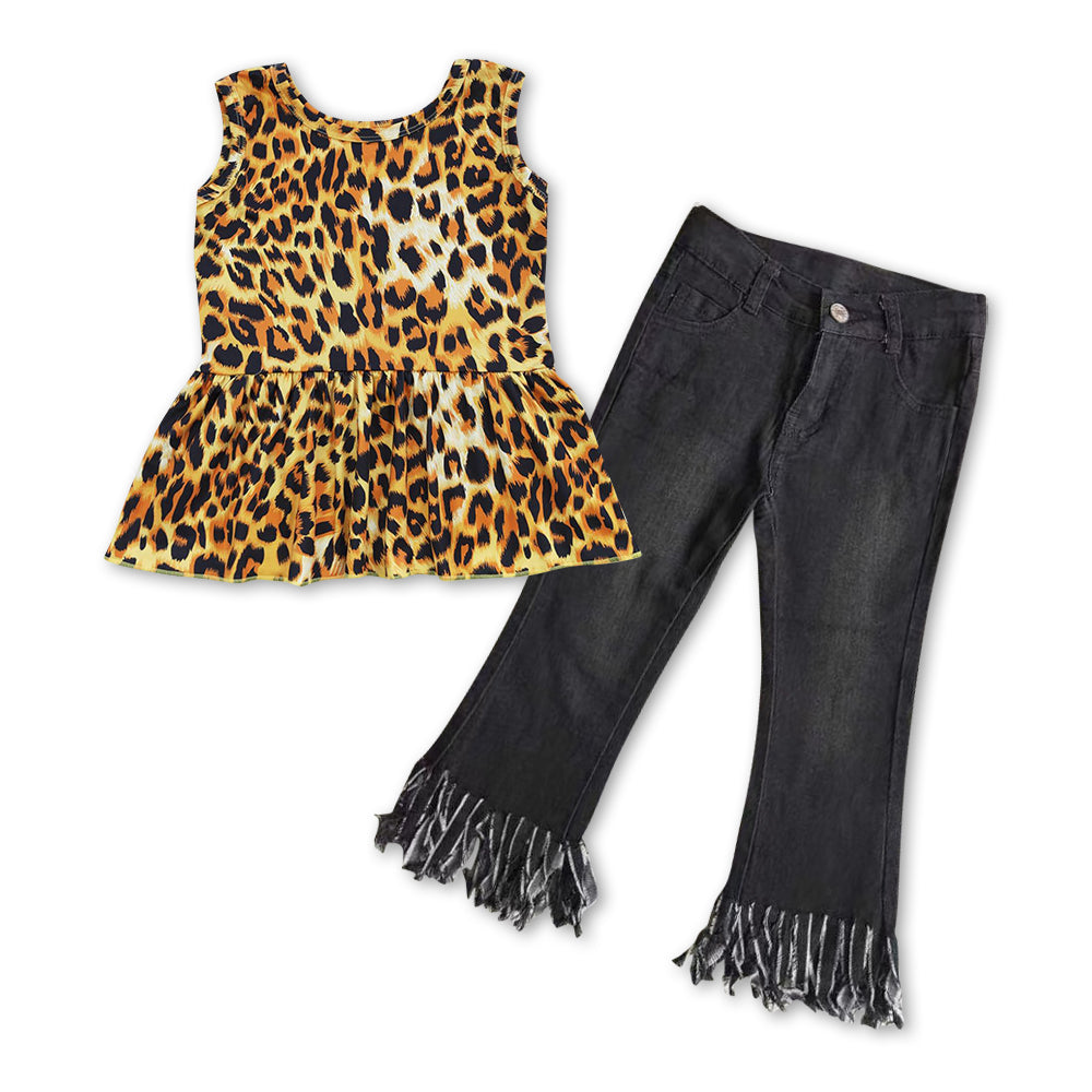 Baby Girls Leopard Top Black Fringe Denim Pants clothes sets