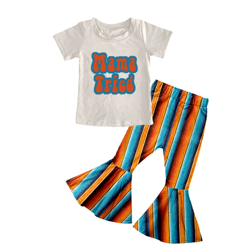 Baby Girls Mama Tried Short Sleeve Shirt Stripe Bell Pants Clothes Sets preorder