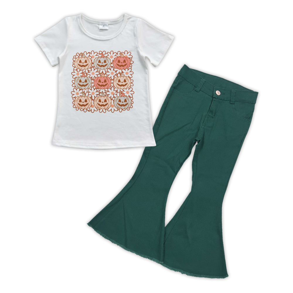 Baby Girls Pumpkin Flowers Shirt Top Green Bell Denim Pants Clothes Sets