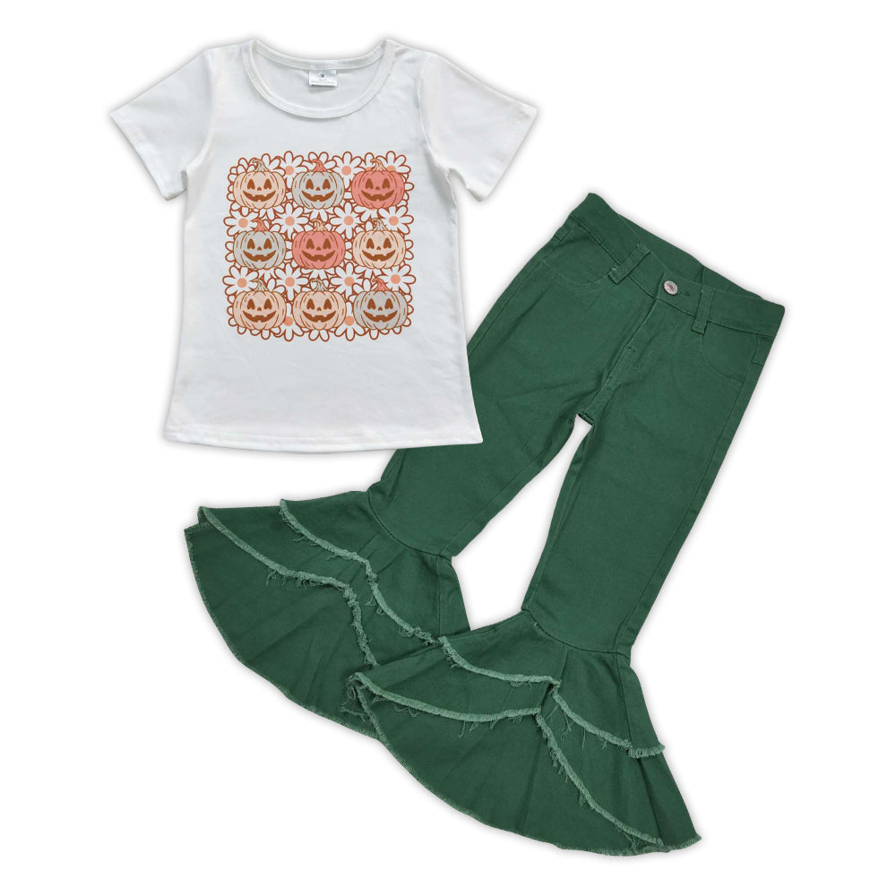 Baby Girls Pumpkin Flowers Shirt Top Green Ruffle Denim Pants Clothes Sets